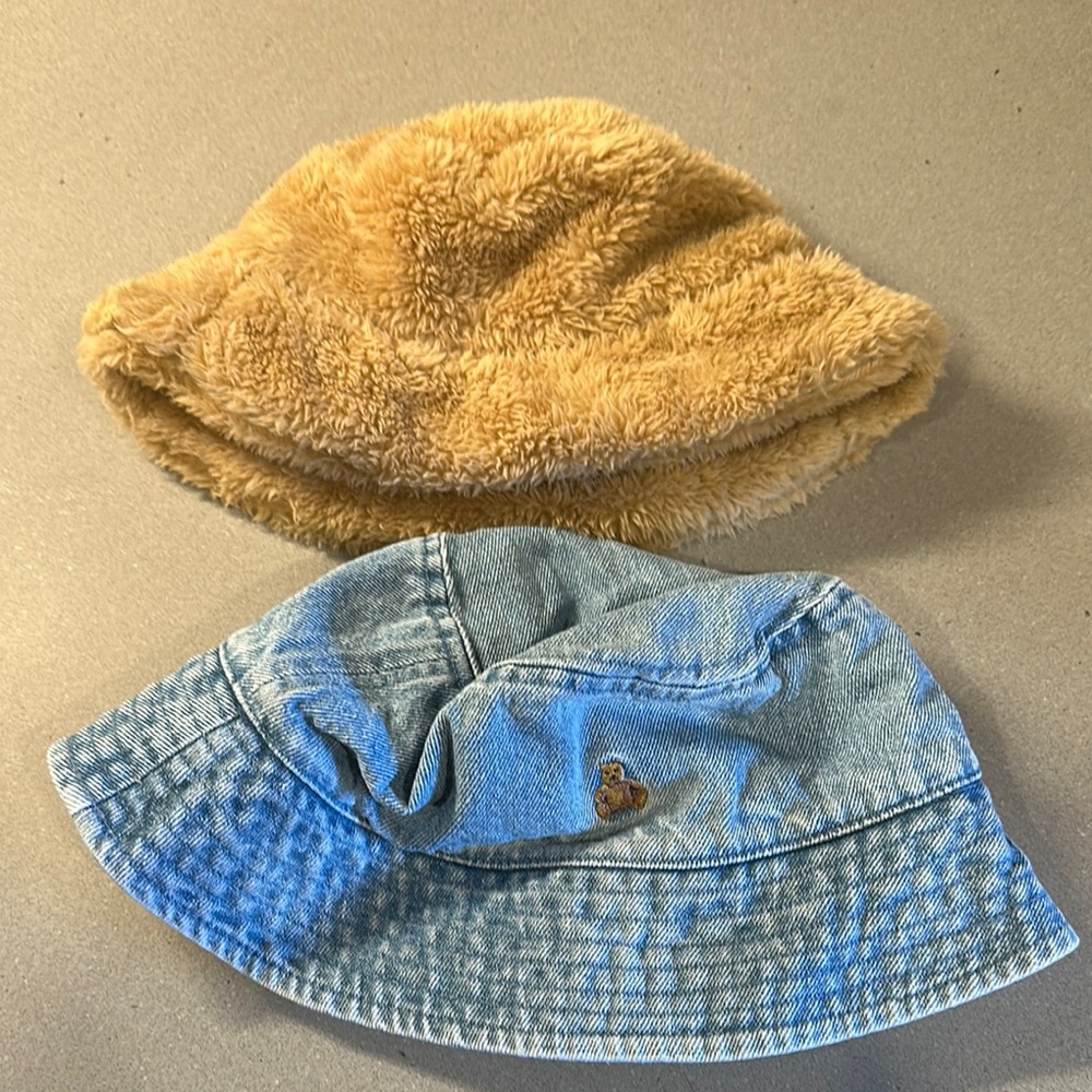 GAP Kids Tan Fuzzy Hat and Blue Denim Bucket Hat